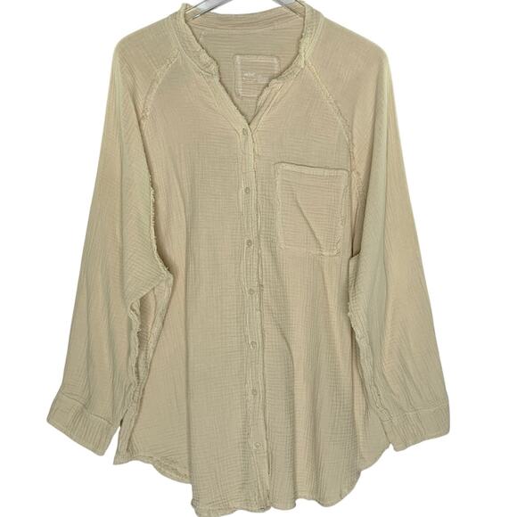 aerie Tops - Aerie Gauzy Coverup Shirt L Oversized Button Front Textured Pool to Party Beige
